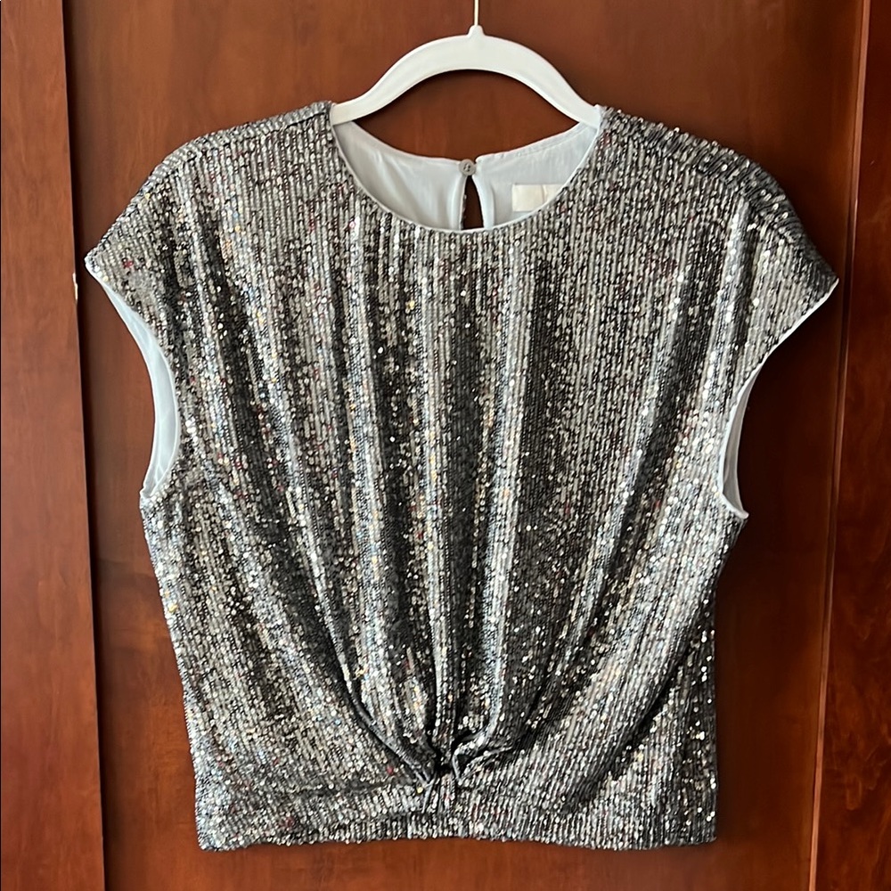 LOFT Silver Sequin Crop Blouse with Gathered Front